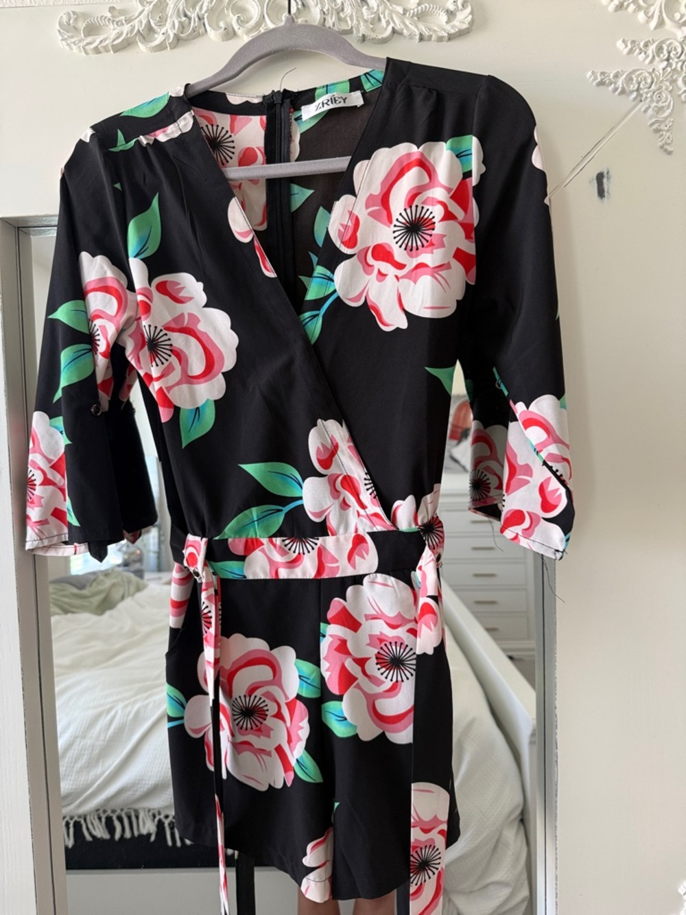 Floral Wrap Romper - Black with Pink & Green Floral